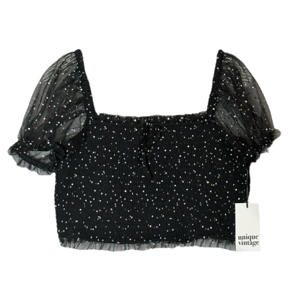 Unique Vintage Crop Top Size XL Black Confetti Puff Sleeve Sheer NWT